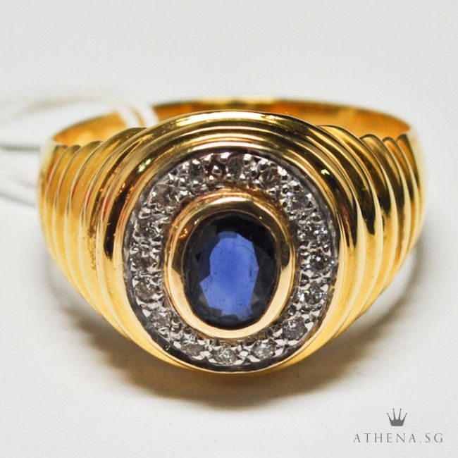 18K YG BLUE SAPPHIRE RING WITH DIAMOND D16-0.25CTS 8.23G (WITH CERT) (SIZE 21)