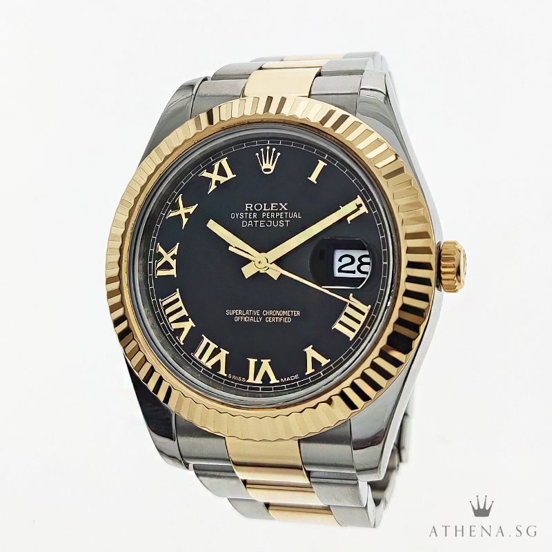 ROLEX YELLOW ROLESOR MENS OYSTER PERPETUAL DATEJUST 41 "V" SERIES "BLACK ROMAN DIAL" WITH BOX & CERT 116333