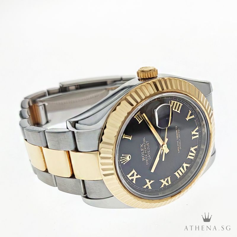 ROLEX YELLOW ROLESOR MENS OYSTER PERPETUAL DATEJUST 41 "V" SERIES "BLACK ROMAN DIAL" WITH BOX & CERT 116333 - Image 2