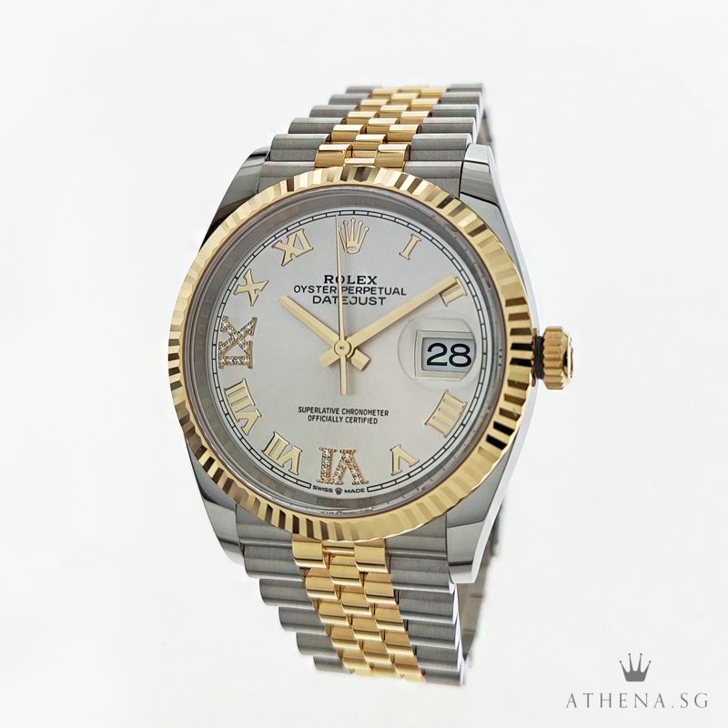 UNWORN !!! ROLEX YELLOW ROLESOR OYSTER PERPETUAL DATEJUST 36 "SILVER ROMAN DIAL WITH VI & IX DIAMOND" WITH BOX AND CERT 126233