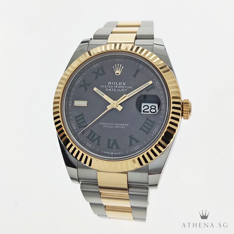 ROLEX YELLOW ROLESOR MENS OYSTER PERPETUAL DATEJUST 41 "AN" SERIES "WIMBLEDON SLATE ROMAN DIAL" WITH BOX & CERT 126333 ( STILL UNDER AGENT WARRANTY )