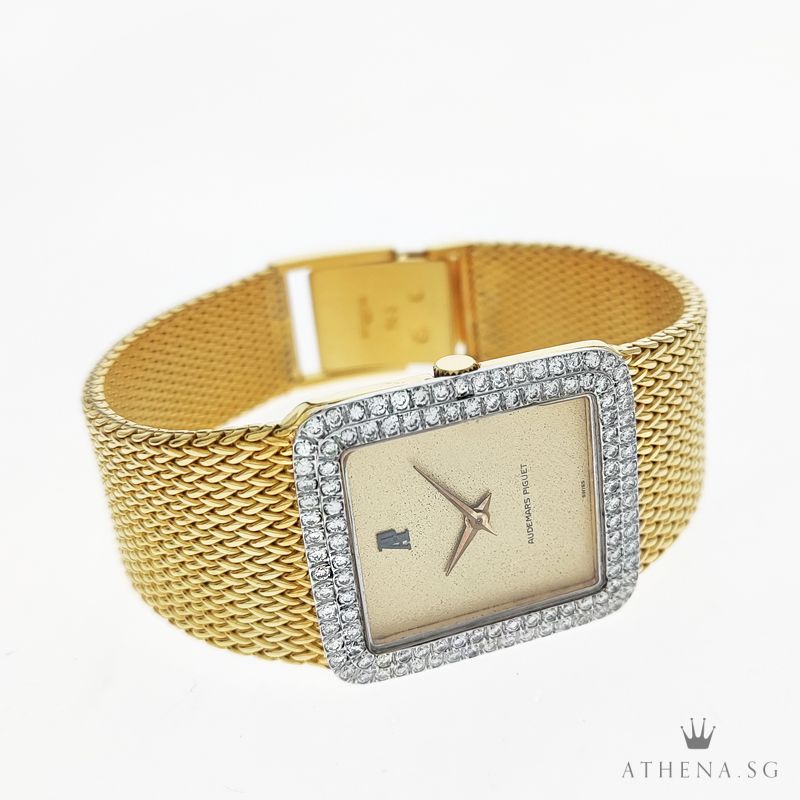 VINTAGE 18K YELLOW GOLD AUDEMARS PIGUET MANUAL WINDING "CHAMPAGNE DIAL" WITH CUSTOMIZE WHITE GOLD DIAMOND BEZEL - Image 2