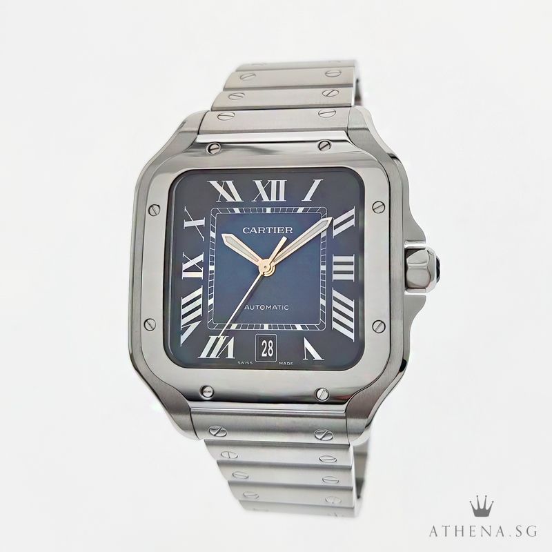 LIKE NEW !!! CARTIER LARGE SANTOS DE CARTIER AUTOMATIC "BLUE ROMAN DIAL" WITH BOX & CERT WSSA0030 (STILL UNDER AGENT WARRANTY)