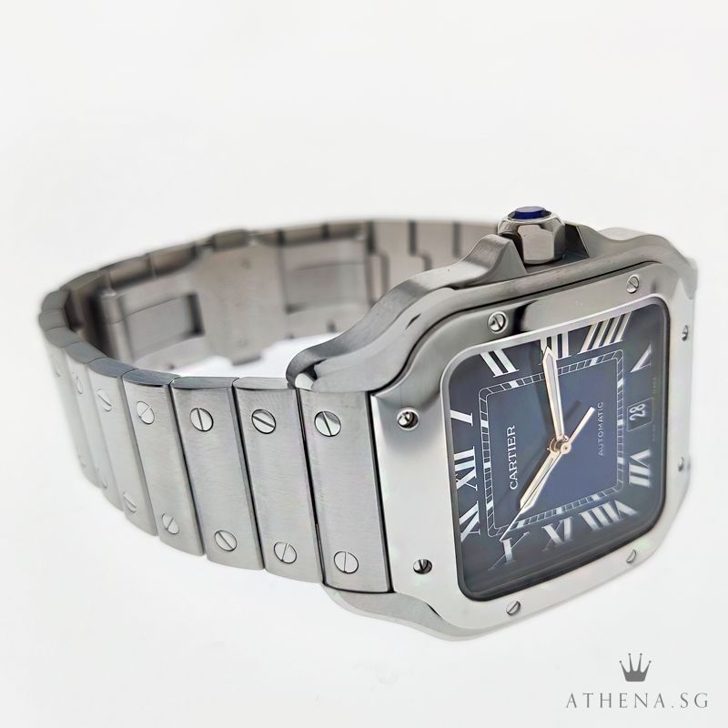 LIKE NEW !!! CARTIER LARGE SANTOS DE CARTIER AUTOMATIC "BLUE ROMAN DIAL" WITH BOX & CERT WSSA0030 (STILL UNDER AGENT WARRANTY) - Image 2