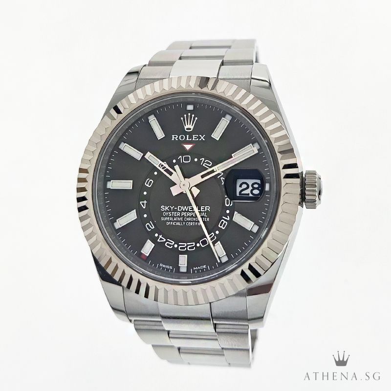 LIKE NEW !!! ROLEX WHITE ROLESOR OYSTER PERPETUAL ANNUAL CALENDAR GMT SKY-DWELLER "AN" SERIES "BRIGHT BLACK DIAL" WITH BOX & CERT 326934