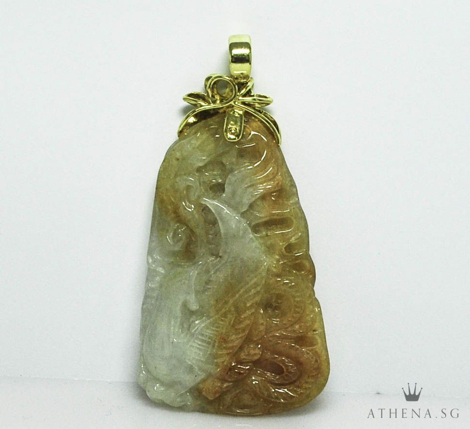 TYPE "A" JADE WITH 18K YG DRAGON & PHOENIX DESIGN PENDANT 42.86G (WITH CERT)