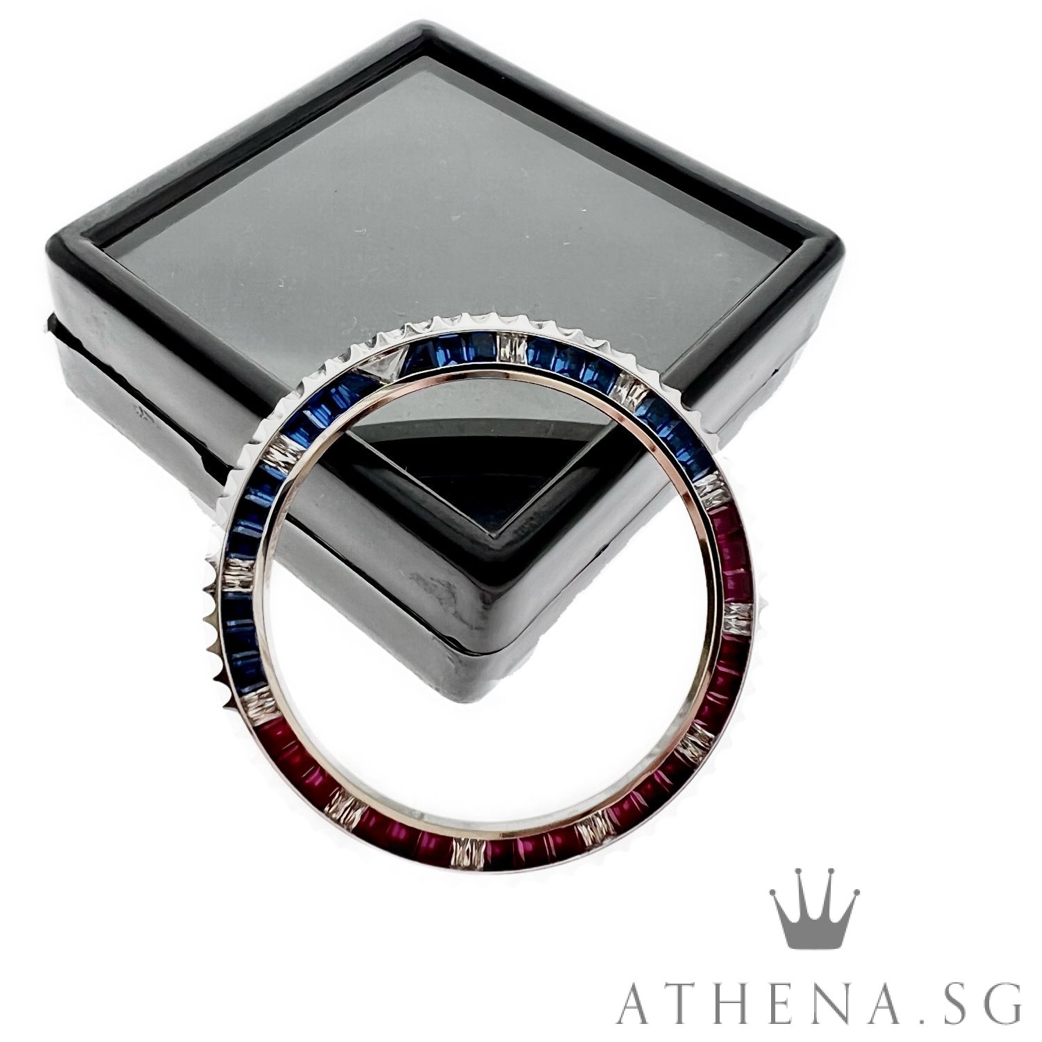 18K WHITE GOLD CUSTOM MADE SUBMARINER SARU RED BLUE RECTANGLE BAGUETTE-CUT BEZEL 40MM