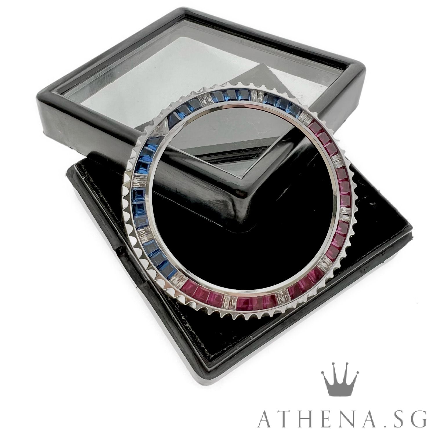 18K WHITE GOLD CUSTOM MADE SUBMARINER SARU RED BLUE RECTANGLE BAGUETTE-CUT BEZEL 40MM - Image 2