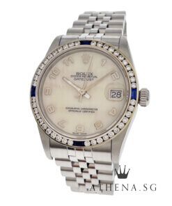 ROLEX MID-SIZE OYSTER PERPETUAL DATEJUST "U" SERIES "WHITE DIAMOND DIAL" WITH CUSTOMIZED 18K DIAMOND SAPPHIRE BEZEL 68274 (WATCH ONLY)