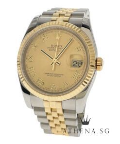 ROLEX YELLOW ROLESOR MENS OYSTER PERPETUAL DATEJUST 36MM "V" SERIES "CHAMPAGNE ROMAN DIAL" WITH CERT DATED 2010 116233