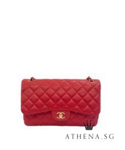 CHANEL CLASSIC DOUBLE FLAP QUILTED LAMBSKIN SHOULDER BAG [SIZE:JUMBO][COLOR:RED]