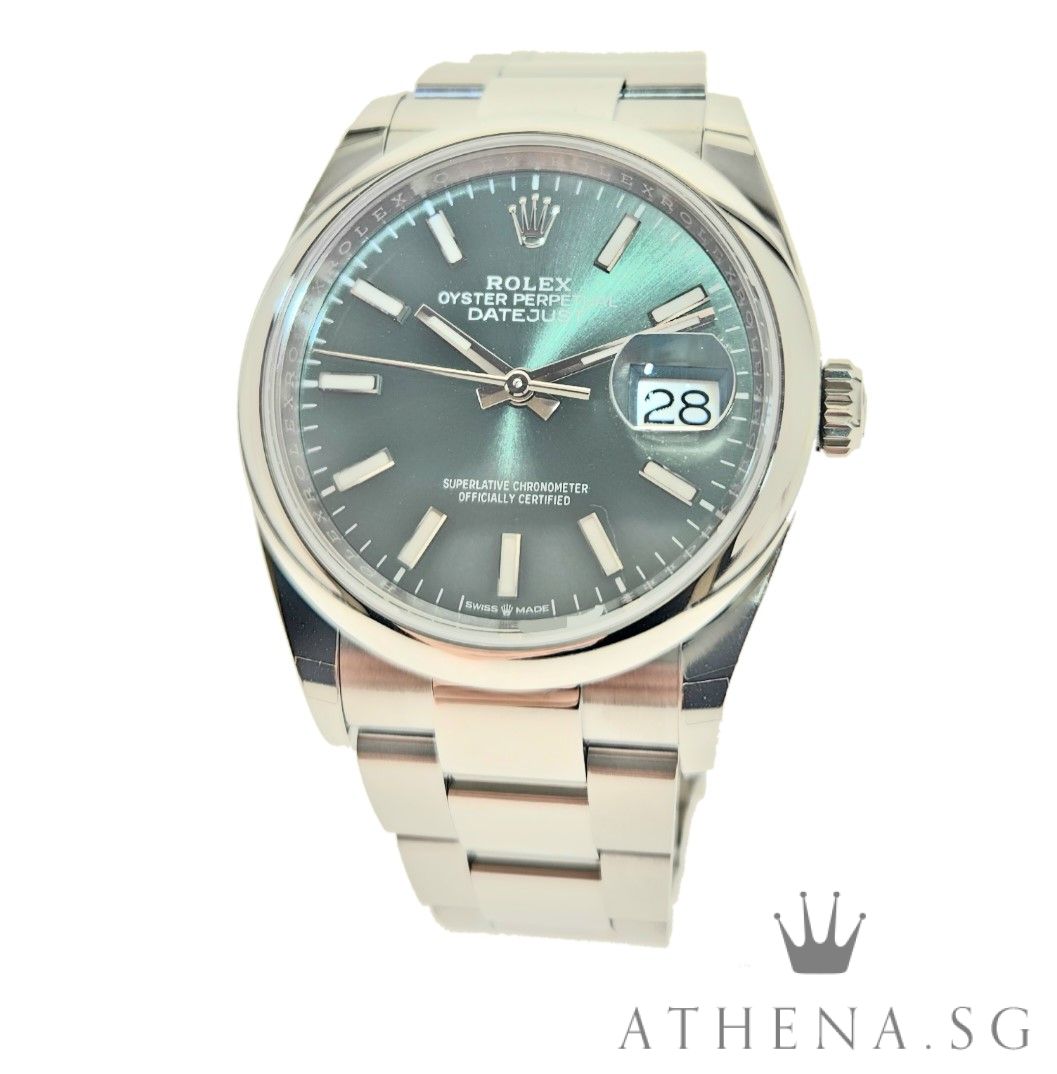UNWORN!! ROLEX MENS OYSTER PERPETUAL DATEJUST 36 "AN" SERIES "MINT GREEN INDEX DIAL" WITH BOX & CERT DATED 11/2025 (UNDER AGENT WARRANTY) 126200