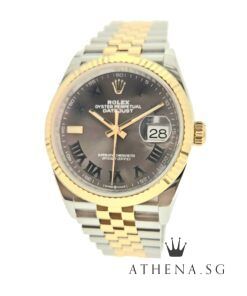 LIKE NEW!! ROLEX YELLOW ROLESOR OYSTER PERPETUAL DATEJUST 36MM "SLATE WIMBLEDON ROMAN DIAL" WITH BOX & CERT DATED 12/2021 (STILL UNDER AGENT WARRANTY) 126233