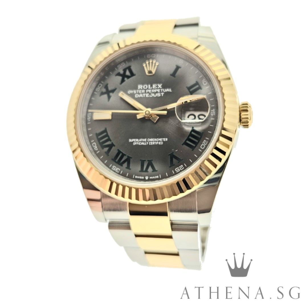 ROLEX YELLOW ROLESOR MENS OYSTER PERPETUAL DATEJUST 41MM "AN" SERIES "WIMBLEDON SLATE ROMAN DIAL" WITH BOX & CERT DATED (05/2018) 126333