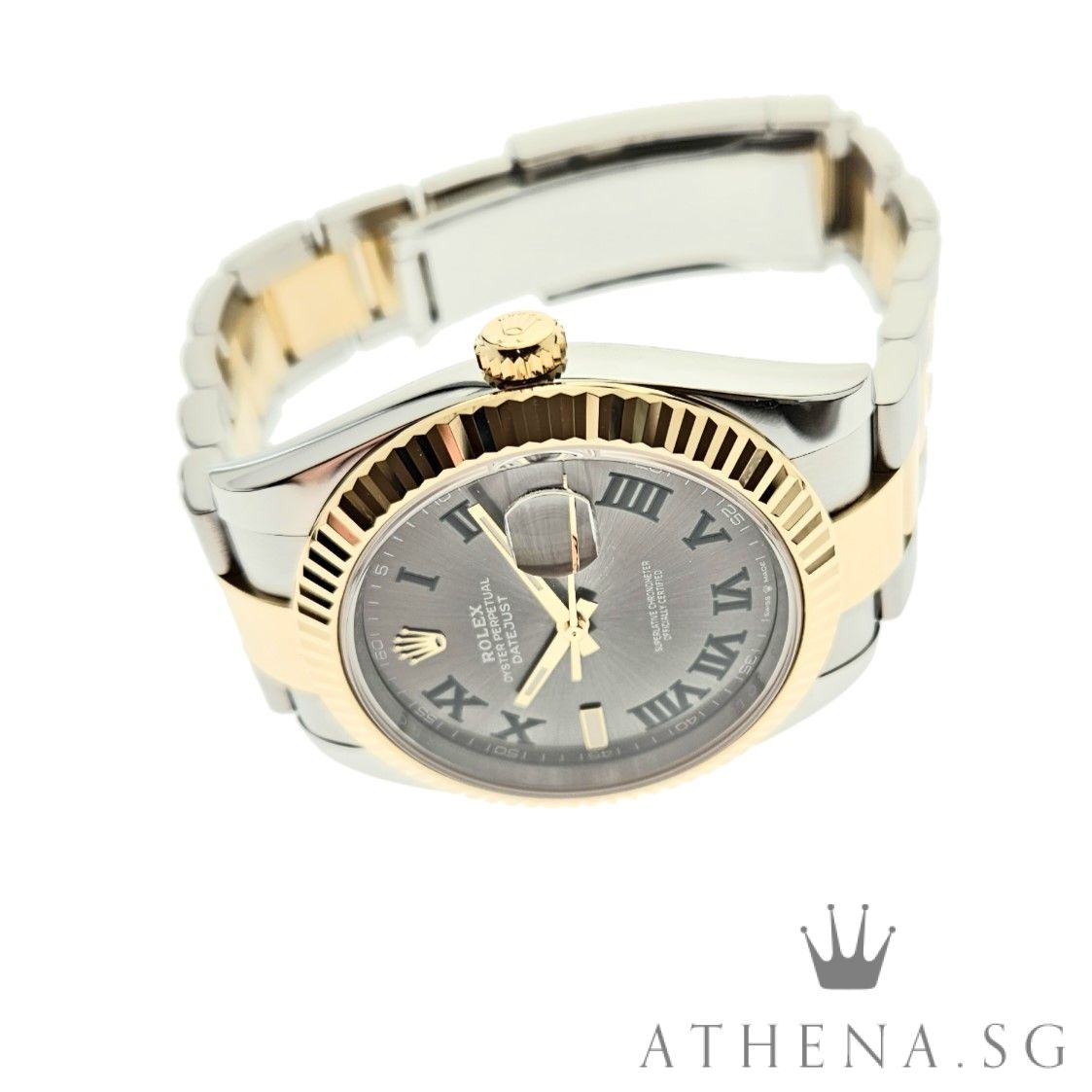 ROLEX YELLOW ROLESOR MENS OYSTER PERPETUAL DATEJUST 41MM "AN" SERIES "WIMBLEDON SLATE ROMAN DIAL" WITH BOX & CERT DATED (05/2018) 126333 - Image 2