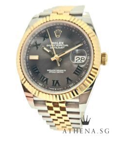 LIKE NEW!! UNPOLISHED!! ROLEX 18K YELLOW GOLD ROLESOR MENS OYSTER PERPETUAL DATEJUST 41 "AN" SERIES "WIMBLEDON SLATE ROMAN DIAL" WITH BOX & CERT DATED (12/2020) 126333