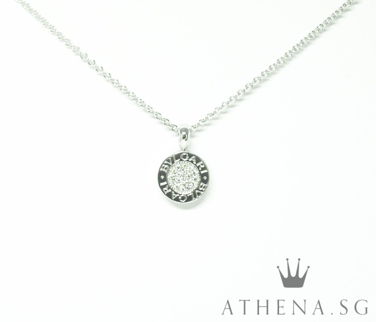 18K WG BVLGARI PAVE DIAMOND PENDANT NECKLACE 11.23G (BOX & CERT) - Image 2