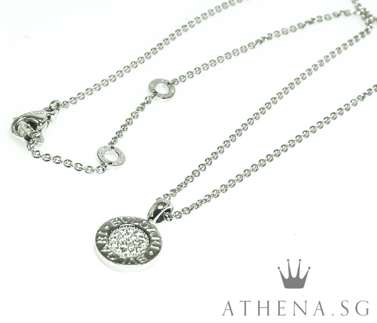 18K WG BVLGARI PAVE DIAMOND PENDANT NECKLACE 11.23G (BOX & CERT) - Image 3