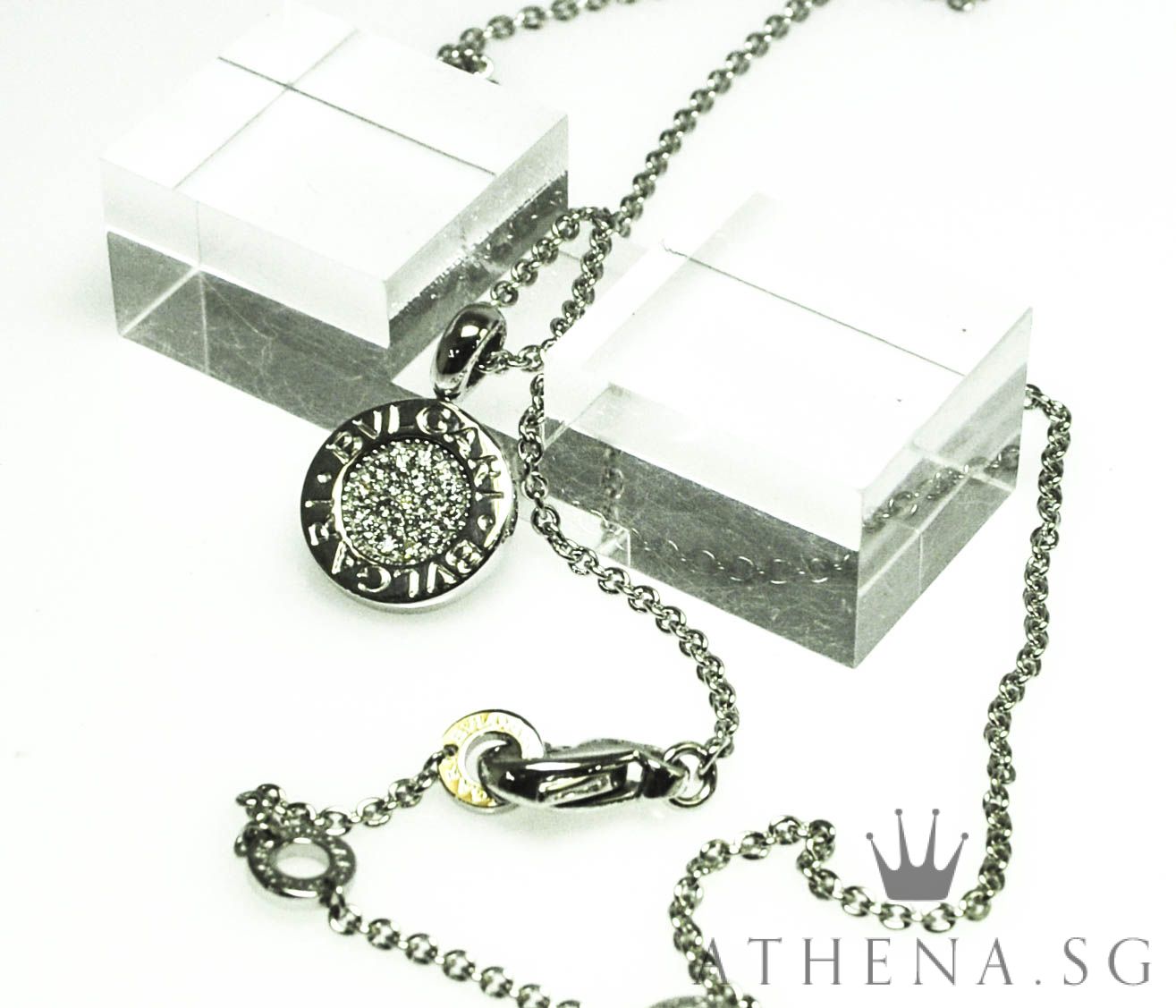 18K WG BVLGARI PAVE DIAMOND PENDANT NECKLACE 11.23G (BOX & CERT) - Image 5