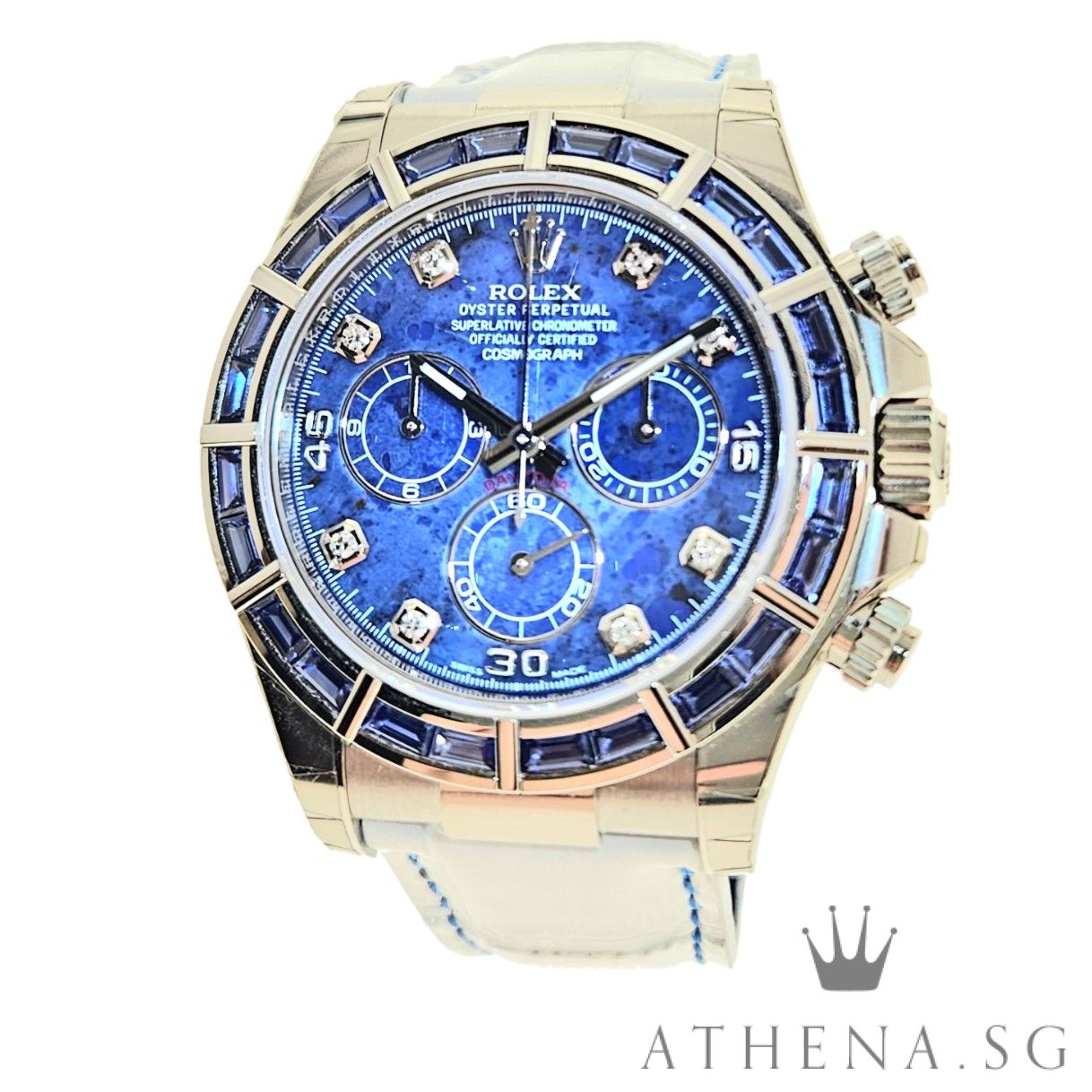 RARE!! 18K WHITE GOLD ROLEX COSMOGRAPH DAYTONA SACI "AN" SERIES "SODALITE DIAMOND-SET STONE DIAL" WITH BOX & CERT DATED 2019 116589SACI