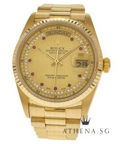 ROLEX 18K YELLOW GOLD OYSTER PERPETUAL DAY-DATE "N" SERIES "CHAMPAGNE & RED RUBY DIAMOND DIAL" (WATCH ONLY) 18038