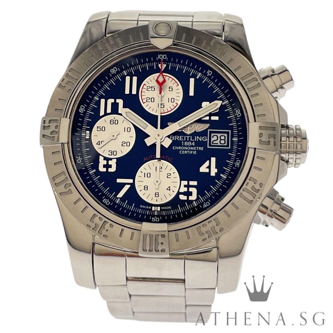 BREITLING AVENGER II CHRONOGRAPH STAINLESS STEEL 43MM "BLUE DIAL" WITH BOX & CERT DATED (04/2014) REF A13381