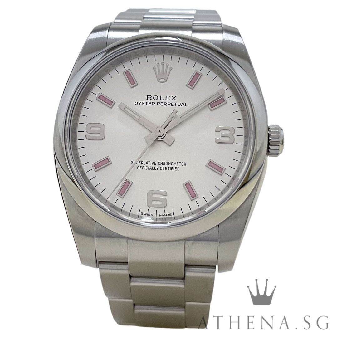 LIKE NEW!! UNPOLISHED WITH PARTIAL STICKERS INTACT!! ROLEX OYSTER PERPETUAL 34MM "AN" SERIES "SILVER DIAL WITH PINK INDEX MARKERS" WITH BOX & CERT DATED (08/2017) 114200
