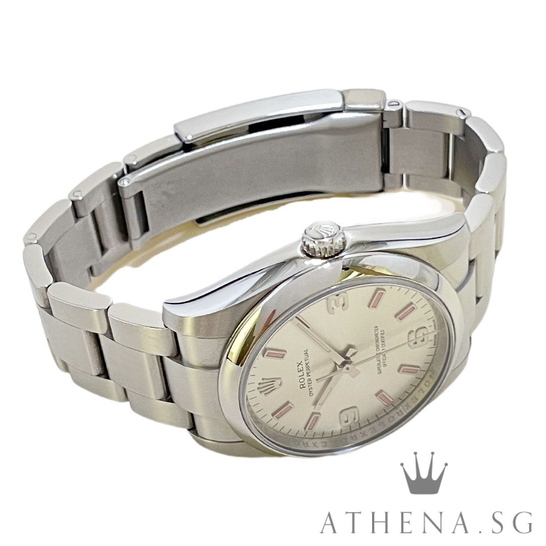 LIKE NEW!! UNPOLISHED WITH PARTIAL STICKERS INTACT!! ROLEX OYSTER PERPETUAL 34MM "AN" SERIES "SILVER DIAL WITH PINK INDEX MARKERS" WITH BOX & CERT DATED (08/2017) 114200 - Image 2