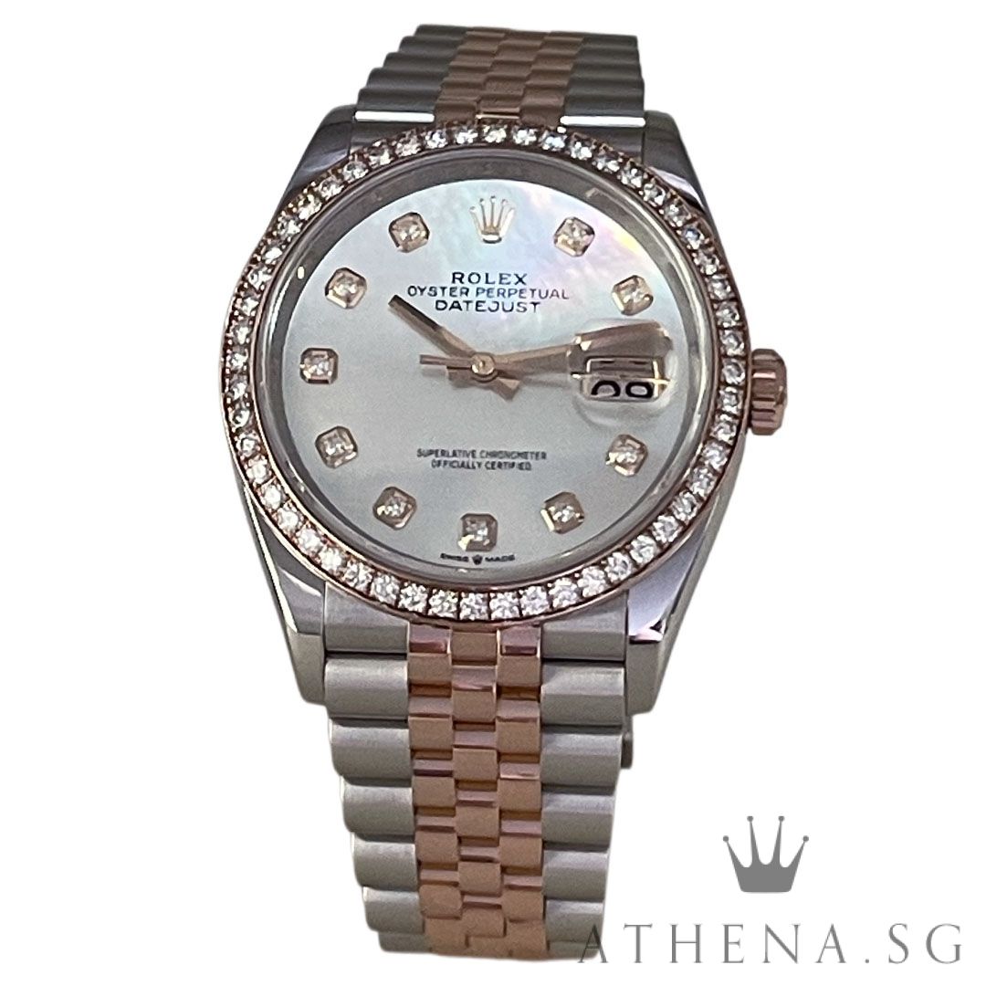 ROLEX EVEROSE ROLESOR OYSTER PERPETUAL DATEJUST 36 "AN" SERIES "MOP DIAMOND DIAL" WITH BOX & CERT DATED (04/2021) (STILL UNDER AGENT WARRANTY) 126281RBR