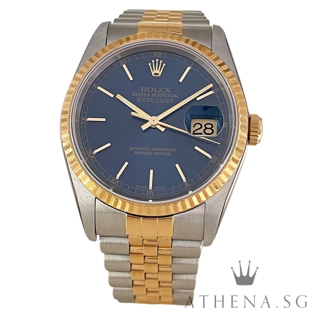ROLEX 18K HALF YELLOW GOLD OYSTER PERPETUAL DATEJUST 36 "P" SERIES "BLUE INDEX DIAL" WITH SVC CERT DATED (10/2025) 16233