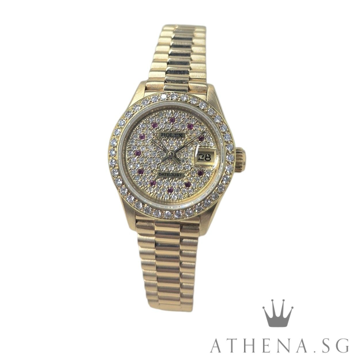 ROLEX YELLOW GOLD LADIES DATEJUST "L" SERIES "CUSTOMISED BEZEL AND DIAMOND DIAL WITH RUBY" (WATCH ONLY) 69178