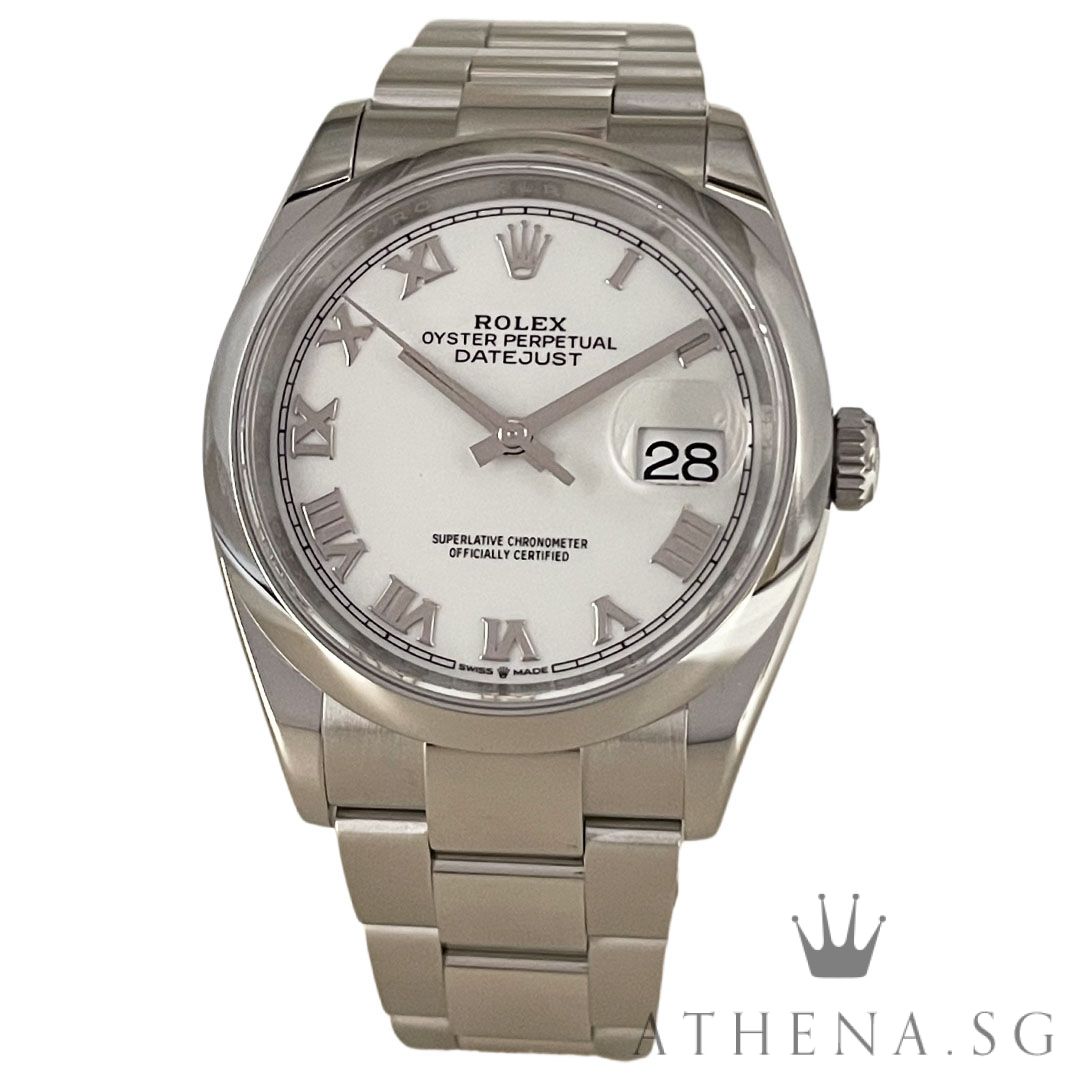 ROLEX MENS OYSTER PERPETUAL DATEJUST 36MM "AN" SERIES "WHITE ROMAN DIAL" WITH BOX & CERT DATED (02/2025) (STILL UNDER AGENT WARRANTY) 126200