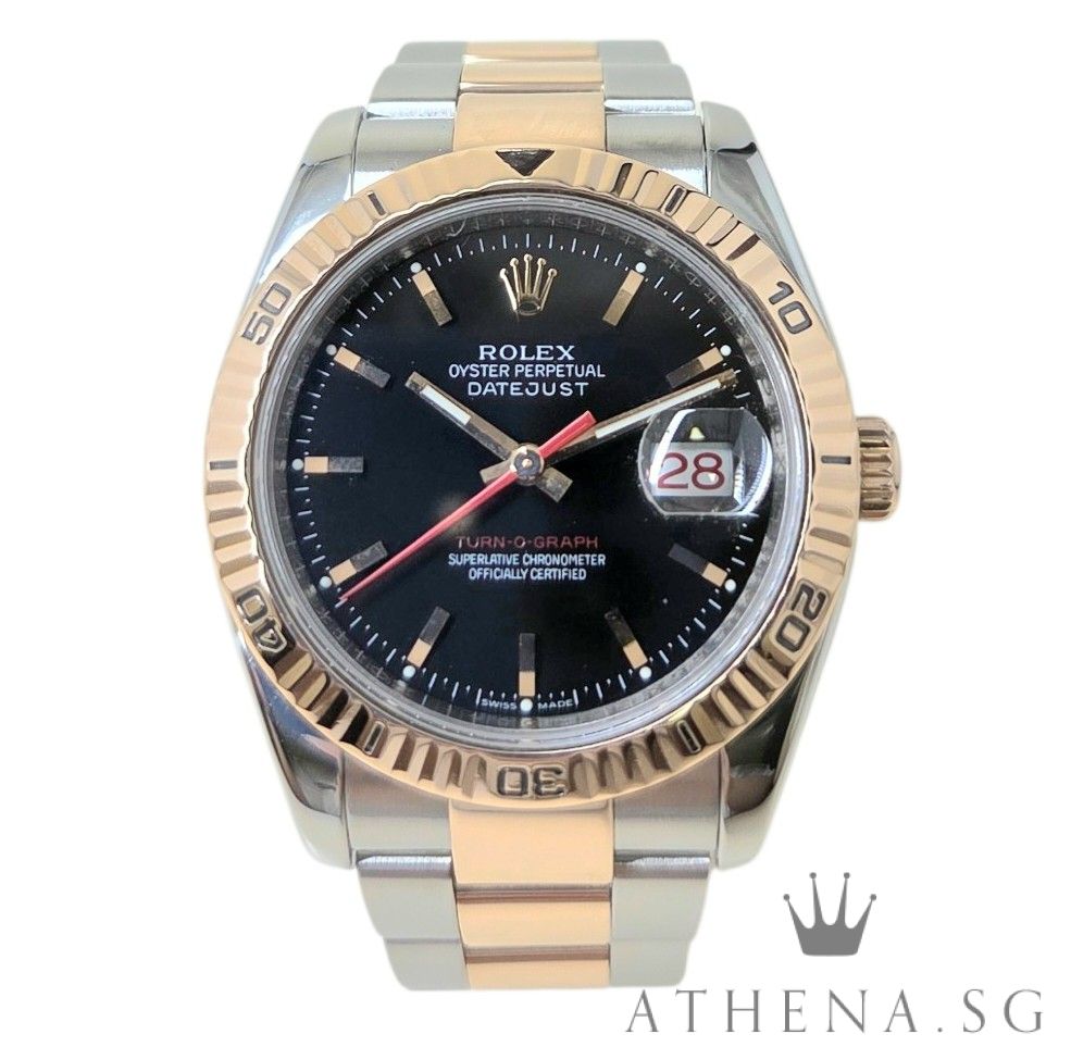 ROLEX 18K HALF ROSE GOLD OYSTER PERPETUAL DATEJUST TURN-O-GRAPH "BLACK INDEX" "F" SERIES WITH BOX & CERT (UNDATED) 116261