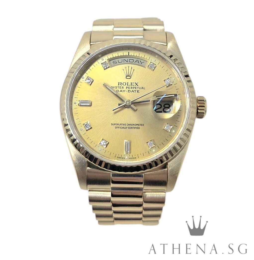ROLEX 18K YELLOW GOLD OYSTER PERPETUAL DAY-DATE "R" SERIES "CHAMPAGNE DIAMOND DIAL" WITH CERT DATED (03/1991) 18238