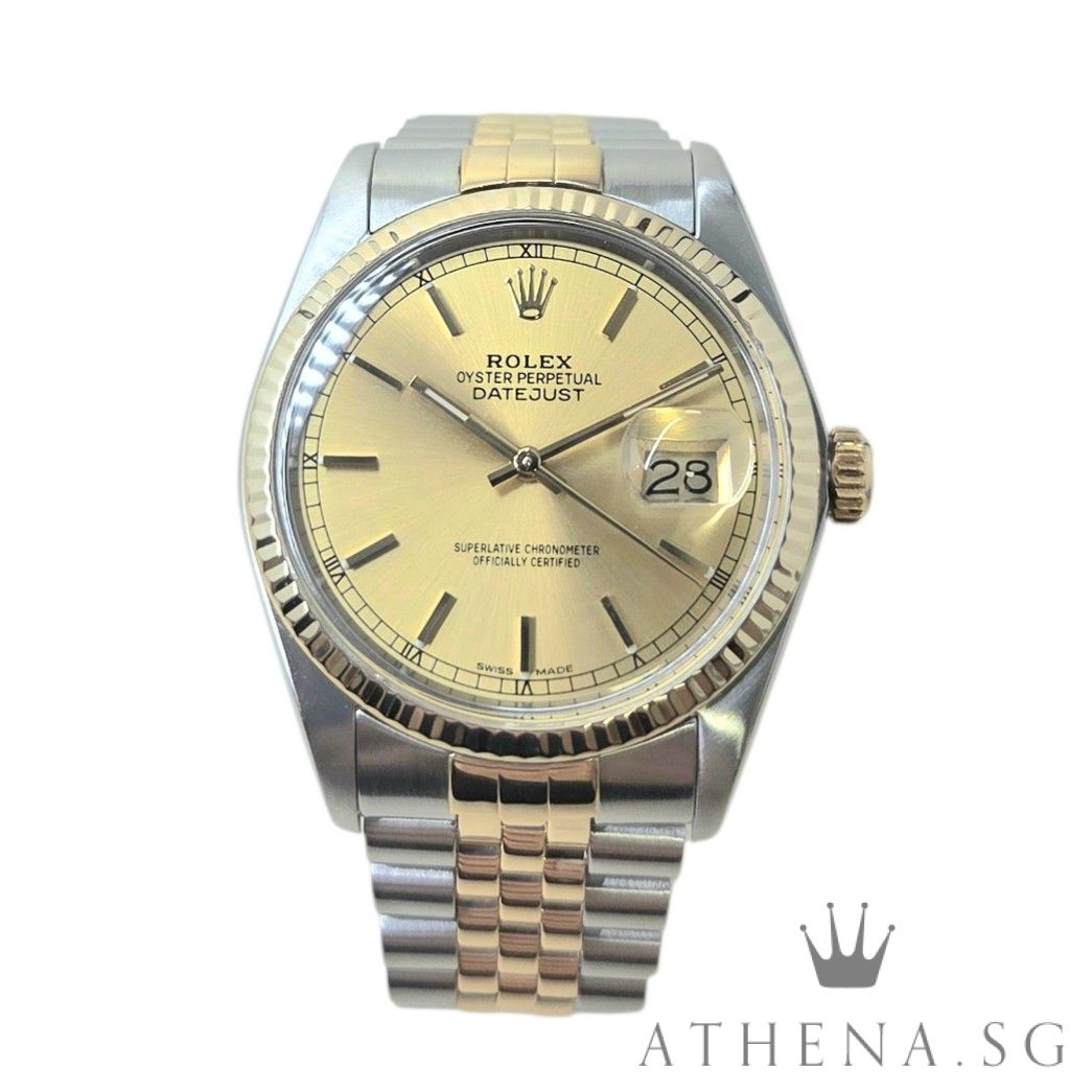 VINTAGE ROLEX "HALF-GOLD" MENS OYSTER PERPETUAL DATEJUST 36MM "CHAMPAGNE INDEX DIAL" 16013 (WITH ROLEX SERVICE RECEIPT DATED 04/2021)