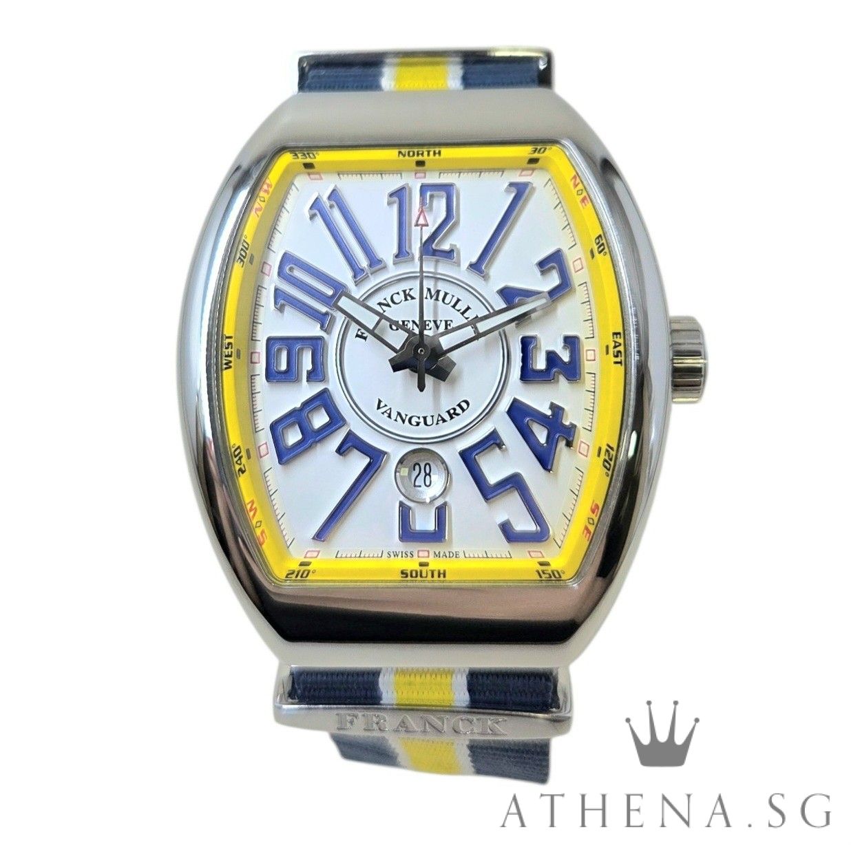 LIMITED EDITION SINCERE 28 PIECES!! FRANCK MULLER VANGUARD STEEL V45 AUTOMATIC " WHITE DIAL BLUE NUMERAL " WITH BOX & CERT DATED (11/2020) V45 SC DT LTD AC