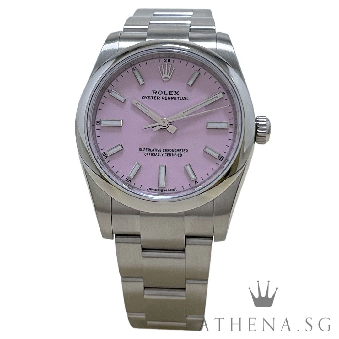 UNWORN!! ROLEX OYSTER PERPETUAL 34 "AN" SERIES "CANDY PINK INDEX DIAL" WITH BOX & CERT DATED (06/2026) (STILL UNDER AGENT WARRANTY) 124200