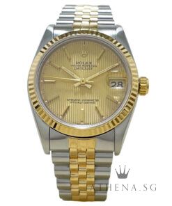 ROLEX 18K HALF YELLOW GOLD OYSTER PERPETUAL MID SIZE DATEJUST 31MM "E" SERIES "CHAMPAGNE TAPESTRY DIAL" WITH BOX & CERT DATED (10/1991) 68273