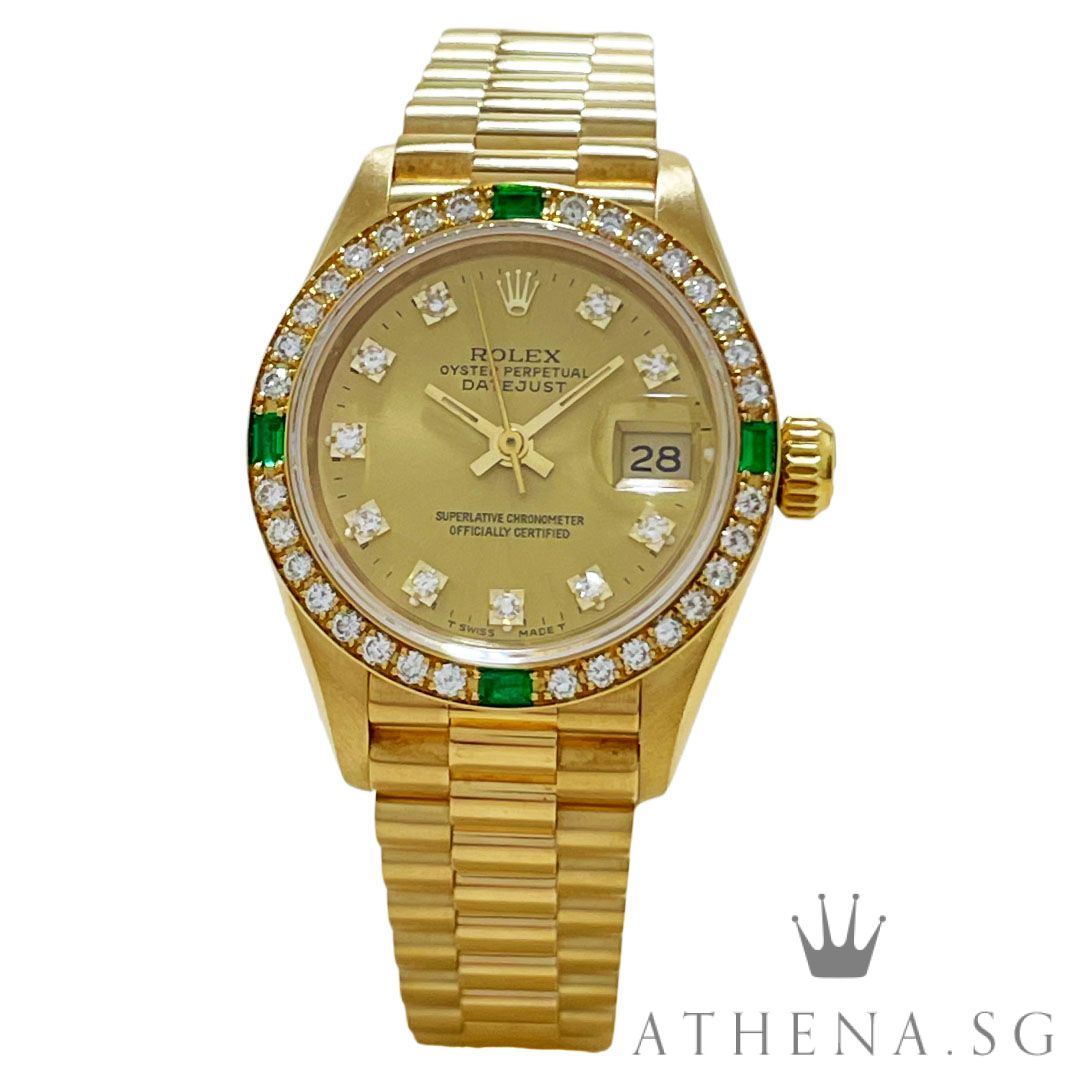 ROLEX 18K YELLOW GOLD OYSTER PERPETUAL LADIES DATEJUST 26MM "E" SERIES "CHAMPAGNE DIAMOND DIAL" WITH BOX & CERT DATED (01/1994) 69078