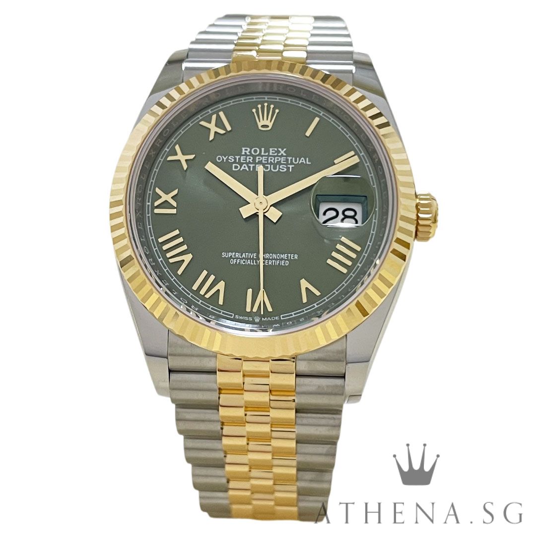 UNWORN!! ROLEX YELLOW ROLESOR OYSTER PERPETUAL DATEJUST 41MM "AN" SERIES "OLIVE ROMAN DIAL" WITH BOX & CERT DATED (07/2026) (STILL UNDER AGENT WARRANTY) 126333