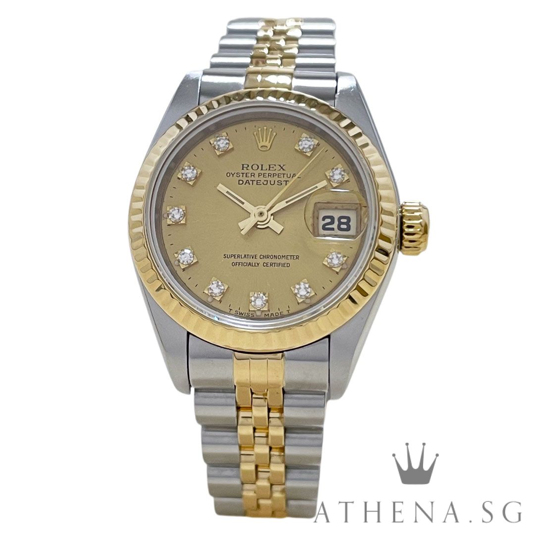 ROLEX 18K HALF YELLOW GOLD OYSTER PERPETUAL LADIES SIZE DATEJUST 26MM “S” SERIES “CHAMPAGNE DIAMOND DIAL” (WATCH ONLY) 69173