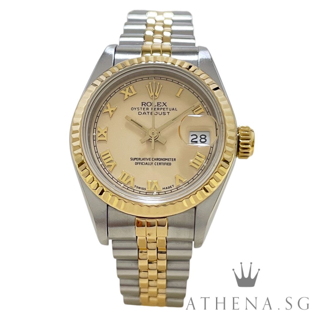 ROLEX 18K HALF YELLOW GOLD OYSTER PERPETUAL LADIES SIZE DATEJUST 26MM “R” SERIES “CREAM ROMAN DIAL” (WATCH ONLY) 69173