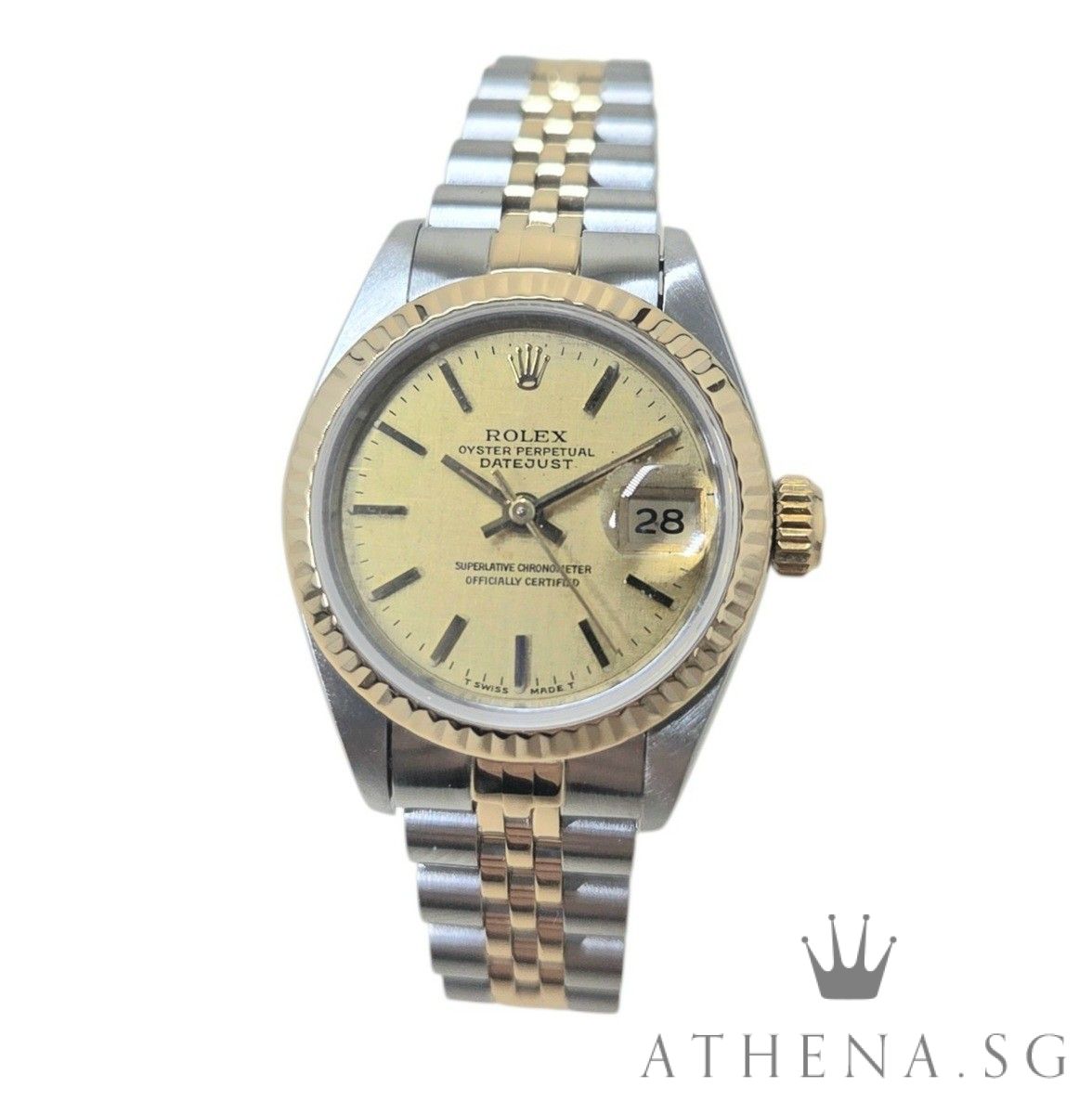 ROLEX 18K HALF YELLOW GOLD OYSTER PERPETUAL LADIES SIZE DATEJUST 26MM “E” SERIES “CHAMPAGNE INDEX DIAL” 69173 (WATCH ONLY)