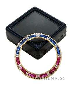 18K YELLOW GOLD CUSTOM MADE GMT SARU BAGUETTE CUT DIAMOND BEZEL 40MM 9.90G