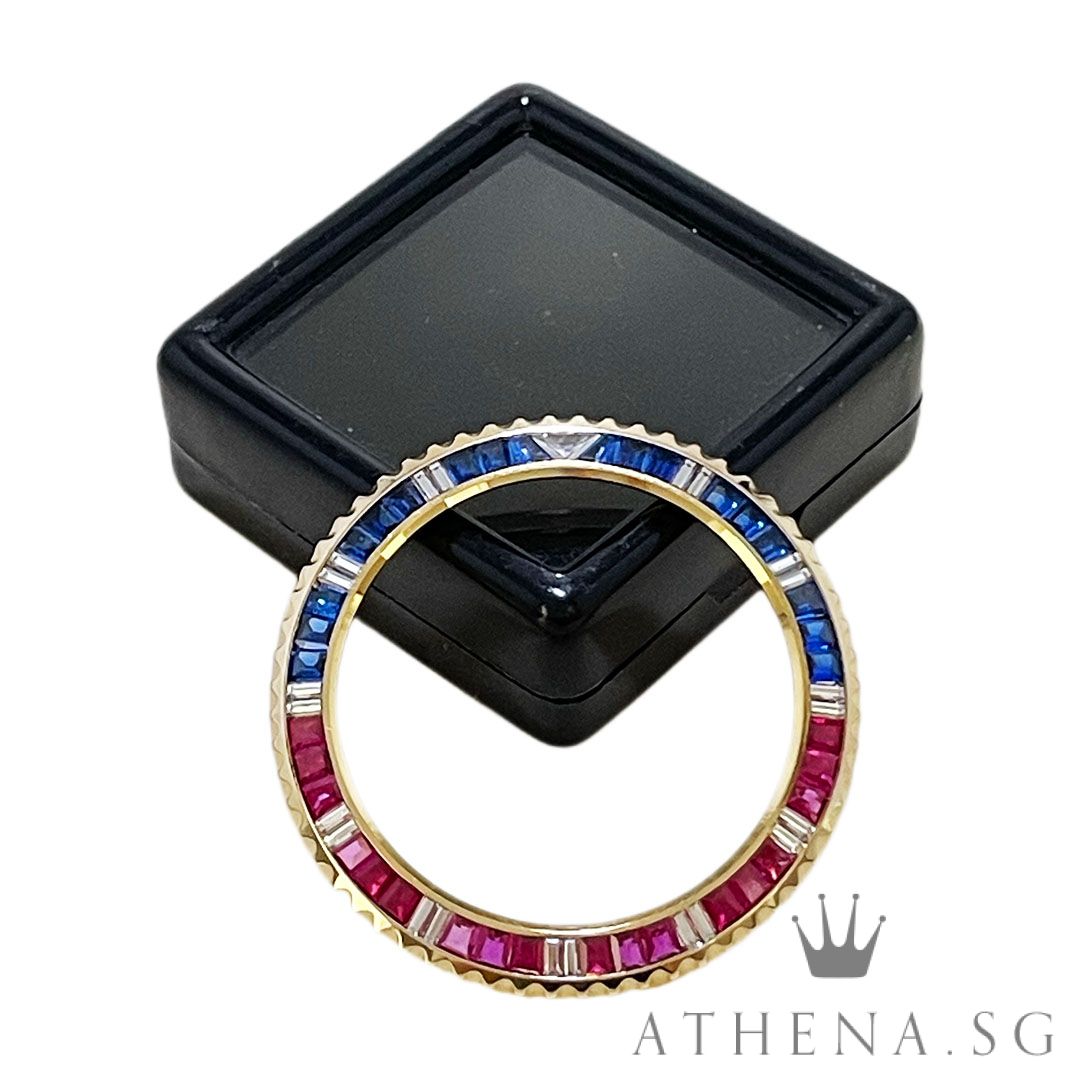 18K YELLOW GOLD CUSTOM MADE GMT SARU BAGUETTE CUT DIAMOND BEZEL 40MM 9.90G