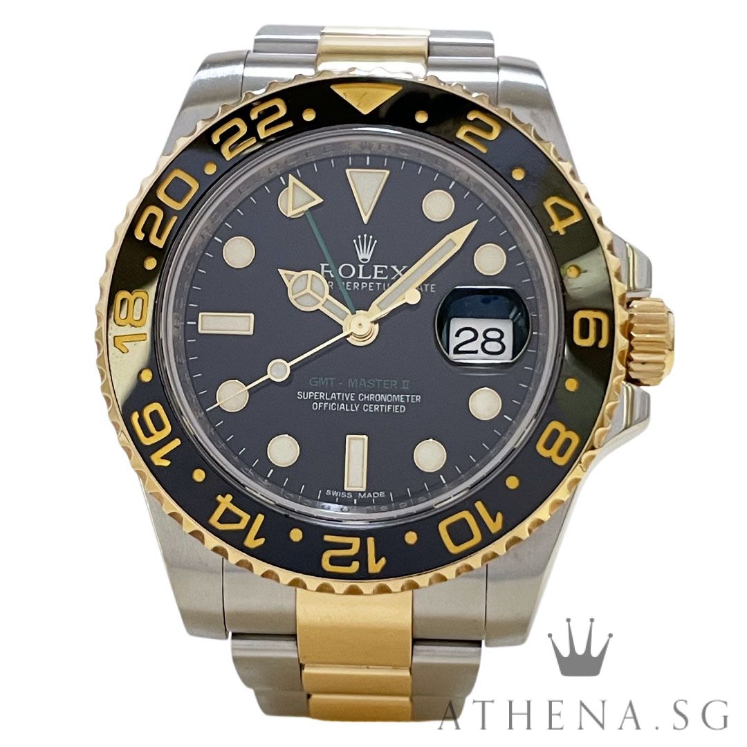 ROLEX 18K HALF YELLOW GOLD ROLESOR OYSTER PERPETUAL GMT MASTER II "AN" SERIES WITH CERT DATED (07/2012) 116713LN