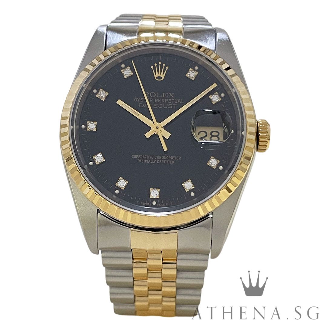 ROLEX YELLOW ROLESOR OYSTER PERPETUAL DATEJUST 36MM "L" SERIES "BLACK DIAMOND DIAL" (WATCH ONLY) 16233