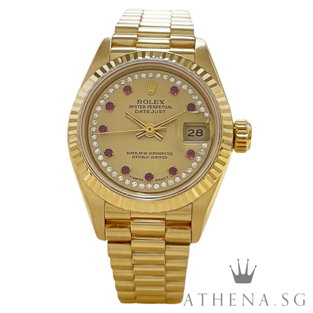 ROLEX 18K YELLOW GOLD LADIES DATEJUST 26MM "W" SERIES "CHAMPAGNE DIAMOND WITH RUBY DIAL" WITH BOX & CERT DATED (10/1996) 69178