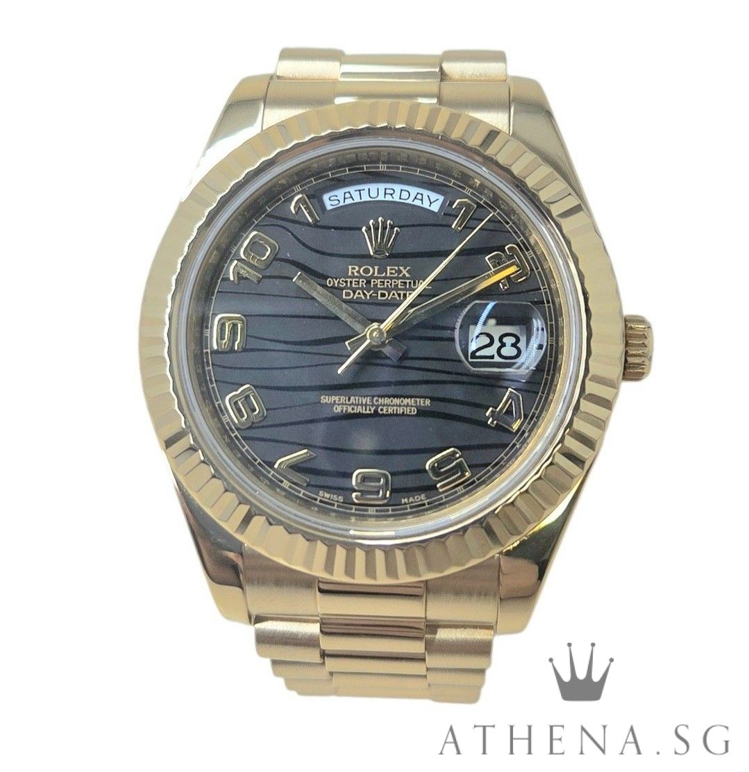 ROLEX 18K YELLOW GOLD DAY-DATE II 41MM "BLACK ARABIC WAVE DIAL" M SERIES 218238 (WATCH ONLY)