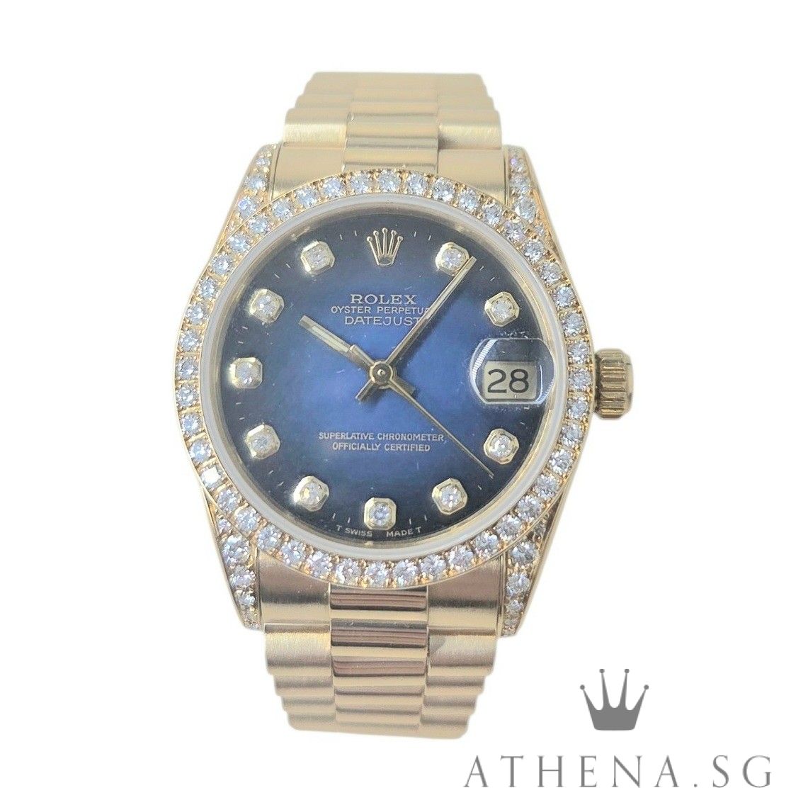 ROLEX 18K YELLOW GOLD MID-SIZE DATEJUST 31MM "N" SERIES WITH ORIGINAL DIAMOND BEZEL & LUGS SETTING " VIGNETTE DIAMOND DIAL" 68158 (WATCH ONLY)
